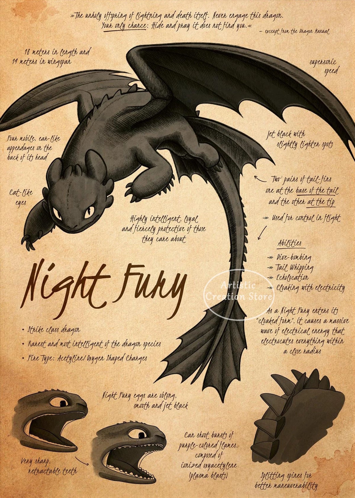 A dark fantasy illustration of a Night Fury dragon with detailed features and text about its abilities.