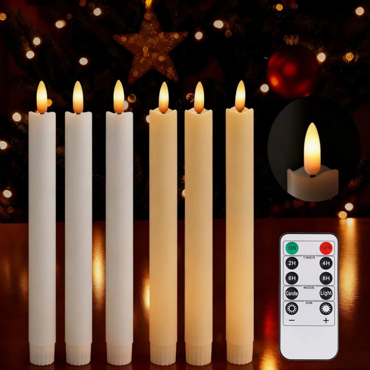 A set of six white taper candles in glass holders with lit flames displayed against a dark, festive background.