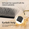A black eyelash strip is shown next to a hand, demonstrating its fit with natural eyelashes.