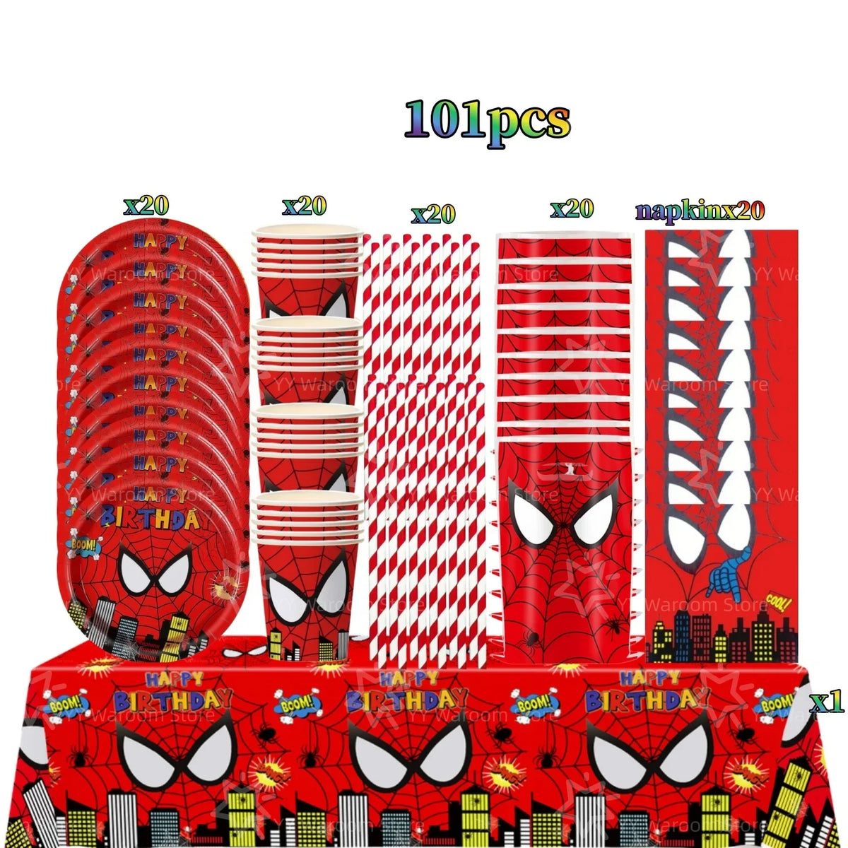 A set of 101 superhero themed party tableware items including plates cups and decorations
