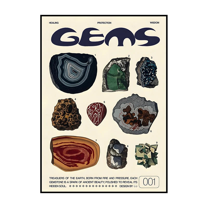 A set of nine gemstone illustrations labeled Healing, Protection, and Wisdom with a description of treasures from the earth.