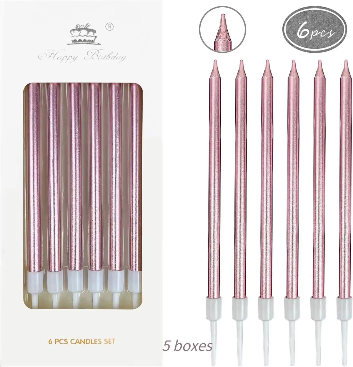 A set of six metallic pink birthday cake candles with holders displayed in a box.