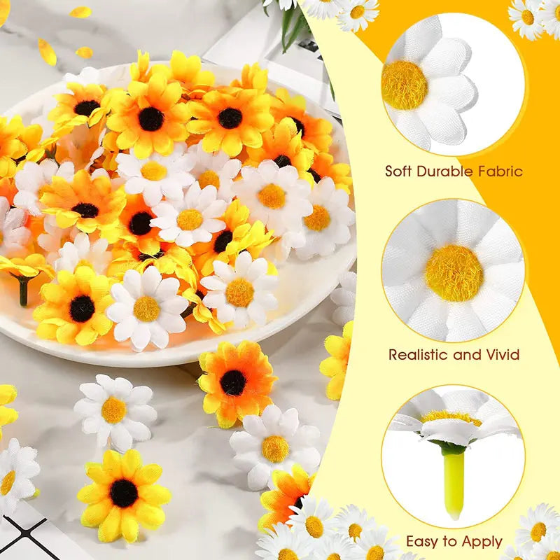 Artificial sunflower and daisy heads in yellow and white for DIY and wedding decor