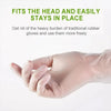 A hand wearing a light pink disposable safety glove is shown, demonstrating how the gloves fit the head and stay in place.
