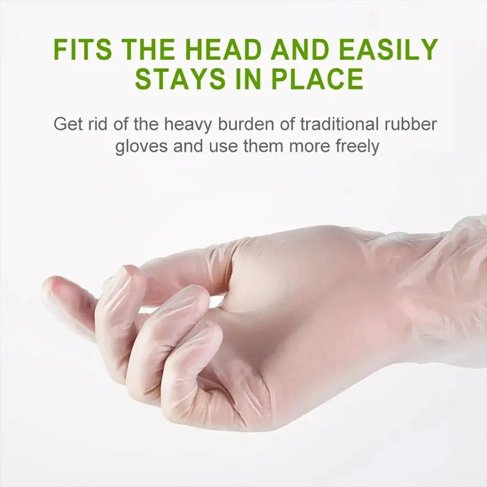 A hand wearing a light pink disposable safety glove is shown, demonstrating how the gloves fit the head and stay in place.