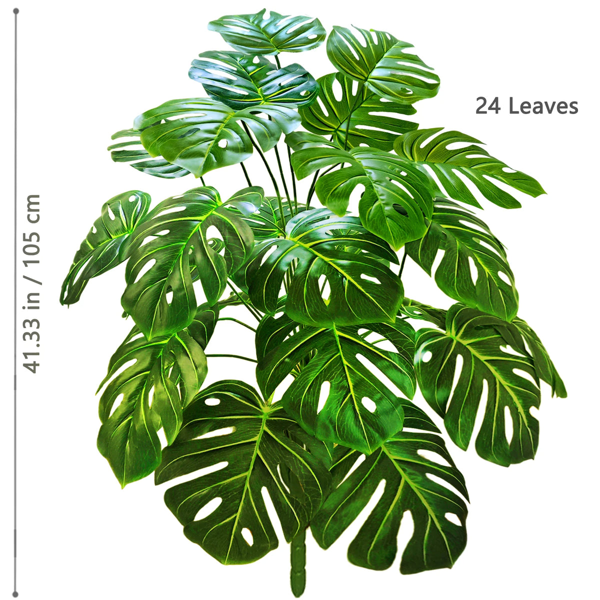 A vibrant green artificial Monstera plant with 24 large silk leaves shown against a white background.