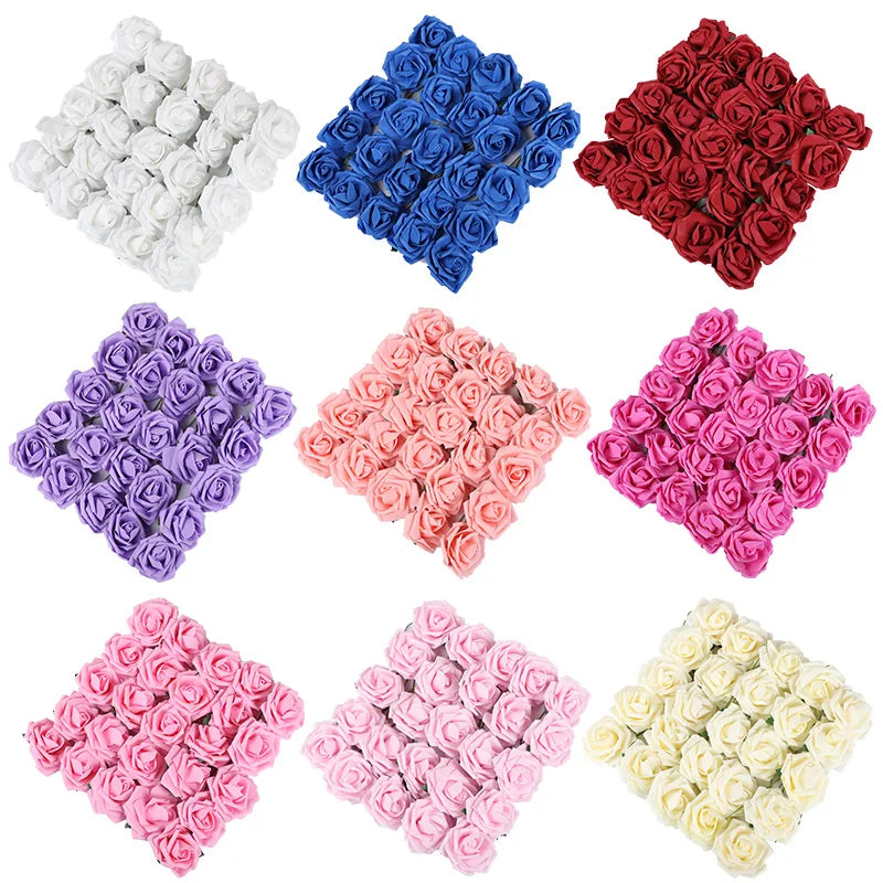 A collection of 12 foam rose stems in various shades of blue, red, purple, pink, and cream.