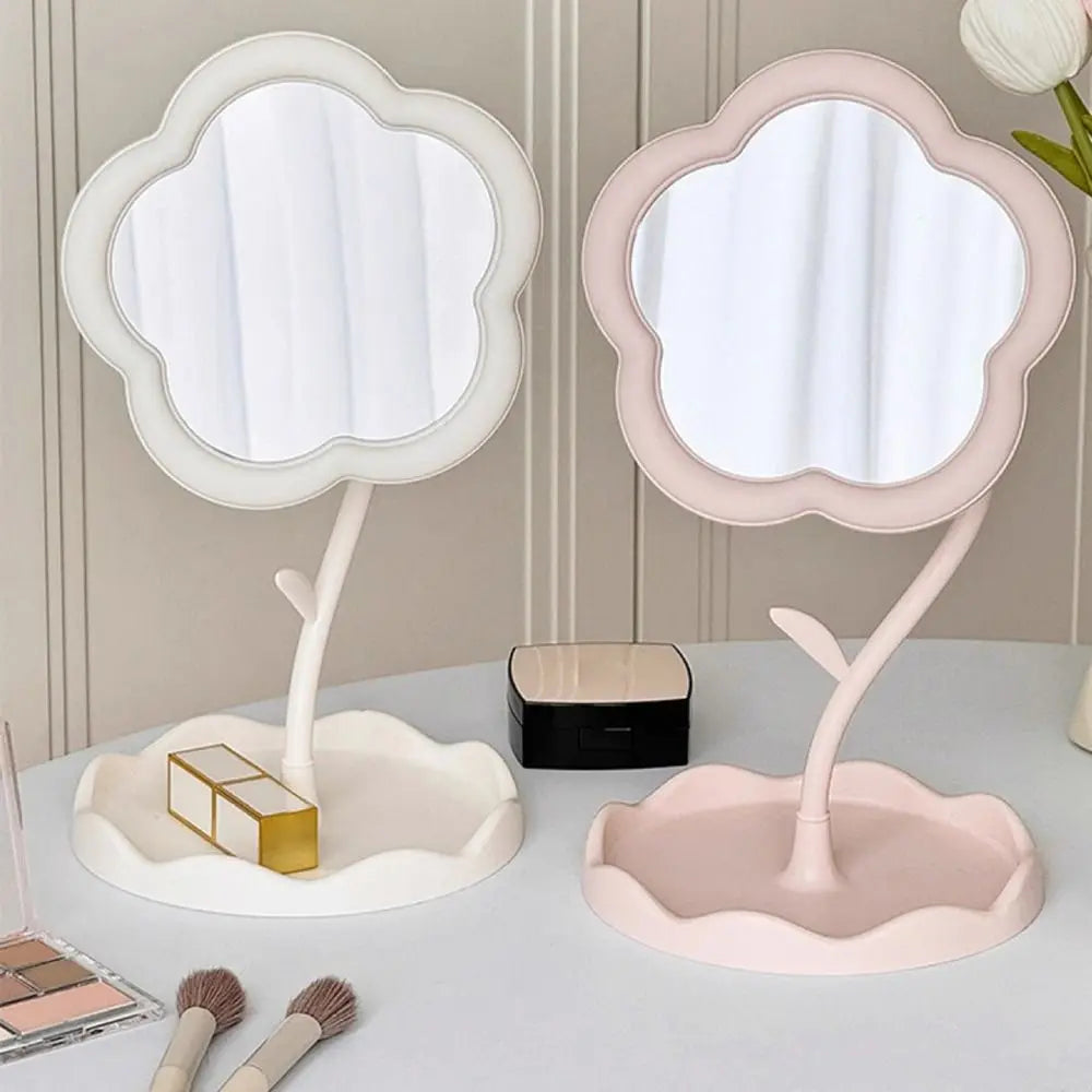 A pink and white sunflower heart dressing makeup mirror with a light pink base and white frame.