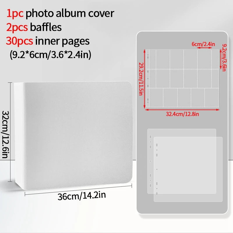 A white photo album cover with two baffles and thirty inner pages shown next to a tablet display.