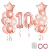 A set of rose gold foil balloons including a number 10, star shapes, and round balloons for birthday party decor.
