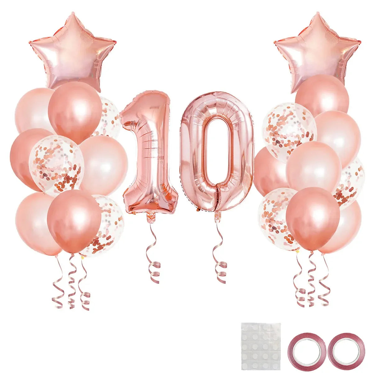 A set of rose gold foil balloons including a number 10, star shapes, and round balloons for birthday party decor.