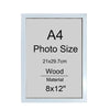 A silver-framed A4 wood photo size with dimensions 21x29.7cm and an 8x12" material option.