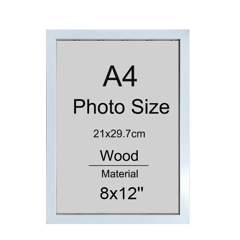 A silver-framed A4 wood photo size with dimensions 21x29.7cm and an 8x12" material option.