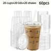 A set of 60 reusable disposable plastic cups, lids, and straws for beverages.