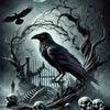 A dramatic black and white illustration featuring a silhouette of an eagle, a large moon, skeletal remains, and a dead tree.