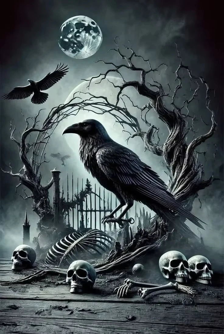 A dramatic black and white illustration featuring a silhouette of an eagle, a large moon, skeletal remains, and a dead tree.