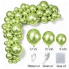 A green latex balloon garland kit showing various sizes of balloons and accessories like ribbon, chain, and glue.