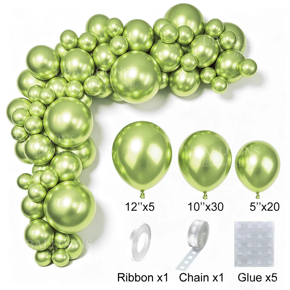 A green latex balloon garland kit showing various sizes of balloons and accessories like ribbon, chain, and glue.