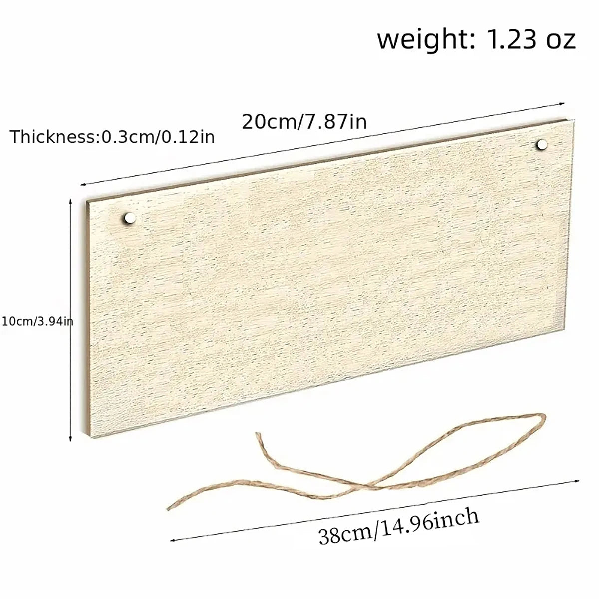 A rectangular rustic wooden sign with light natural wood grain texture and a twine hanging cord.