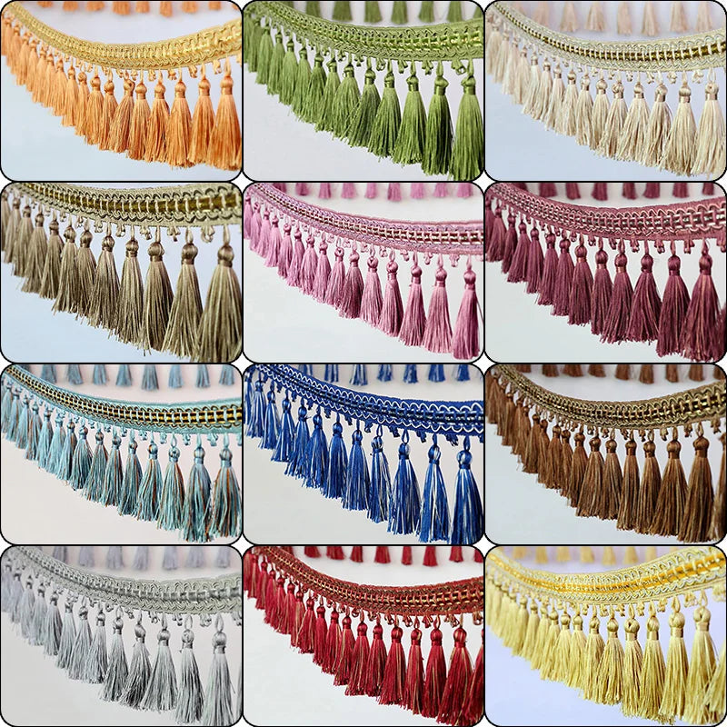 A collection of decorative tassel fringe trim in various colors including orange, green, beige, purple, maroon, blue, and gol