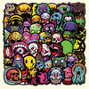 A collection of colorful gothic and horror themed stickers featuring skulls, monsters, and menacing faces.
