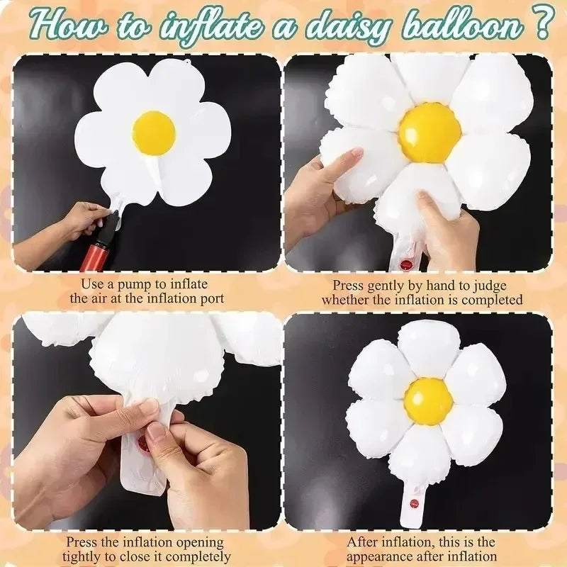 Instructions showing how to inflate a white daisy balloon using a pump and hand pressure.