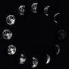 A circular arrangement of various moon phases against a dark, starry background.