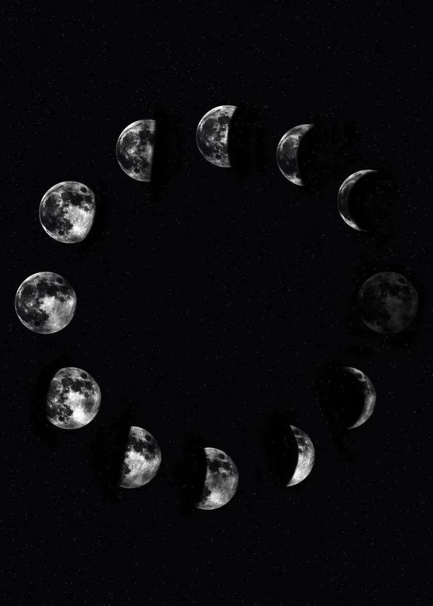A circular arrangement of various moon phases against a dark, starry background.