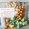 A balloon garland kit featuring beige and gold balloons arranged on a white shelf with a teddy bear and green balloons below.