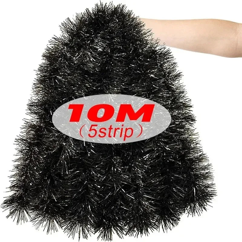 A close-up of a black tinsel ribbon garland with a 10 meter length and 5 strips for holiday decoration.