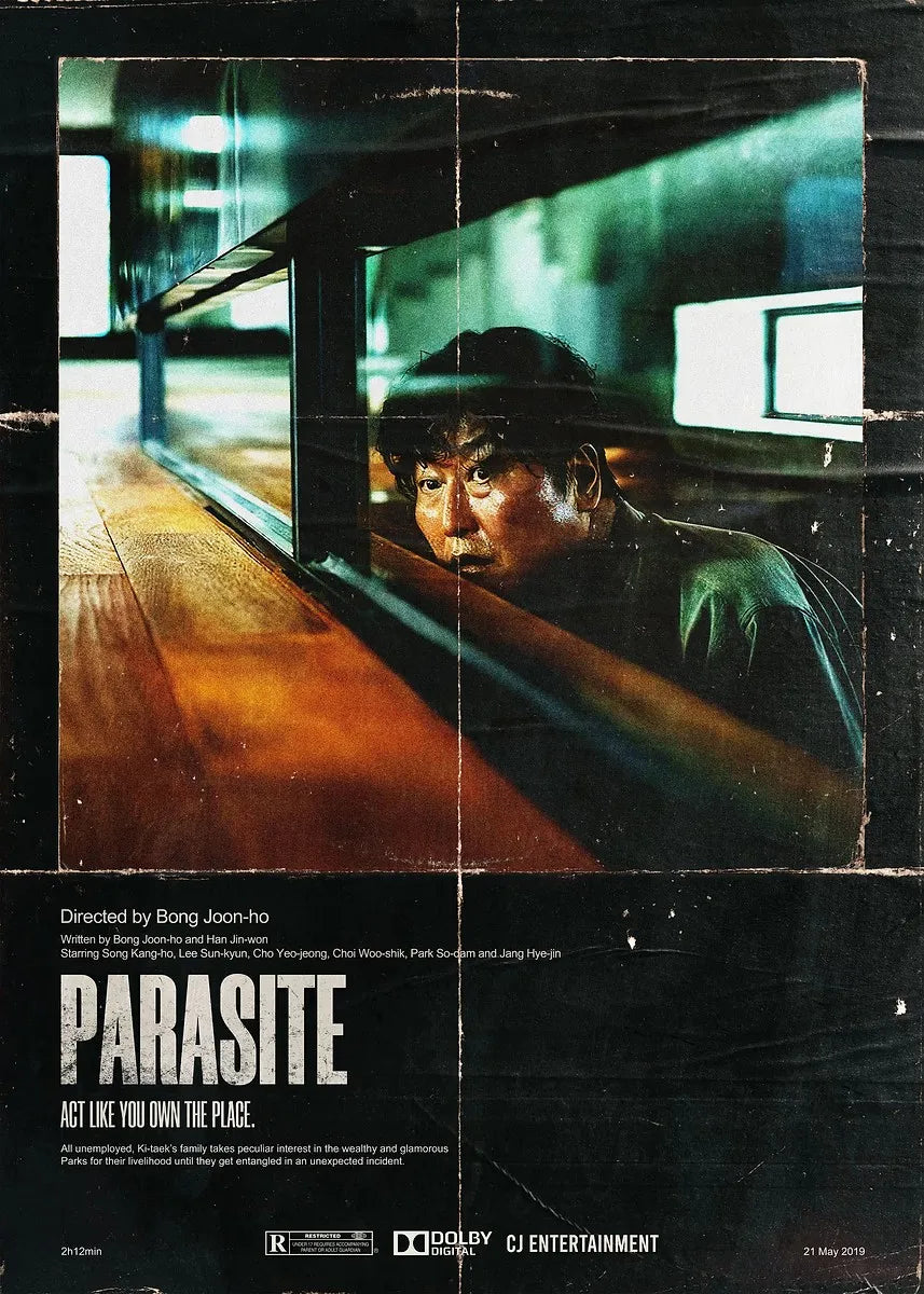 Poster for the movie Parasite featuring a man looking intensely through a window.