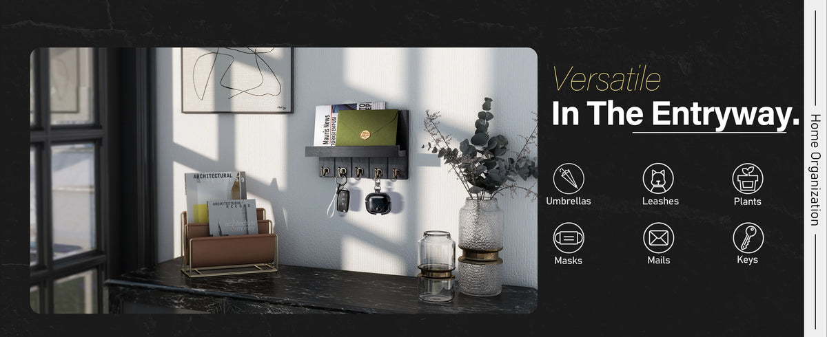 Rustic wooden wall-mounted organizer featuring hooks for mail, keys, plants, and leashes.