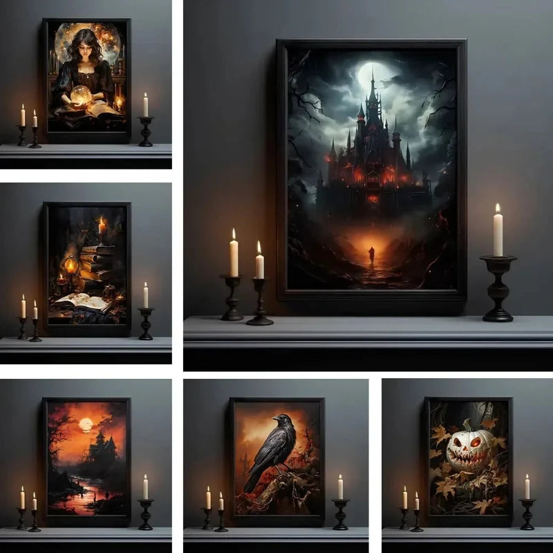 A collection of dark, gothic wall art prints featuring castles, skulls, and atmospheric scenes.