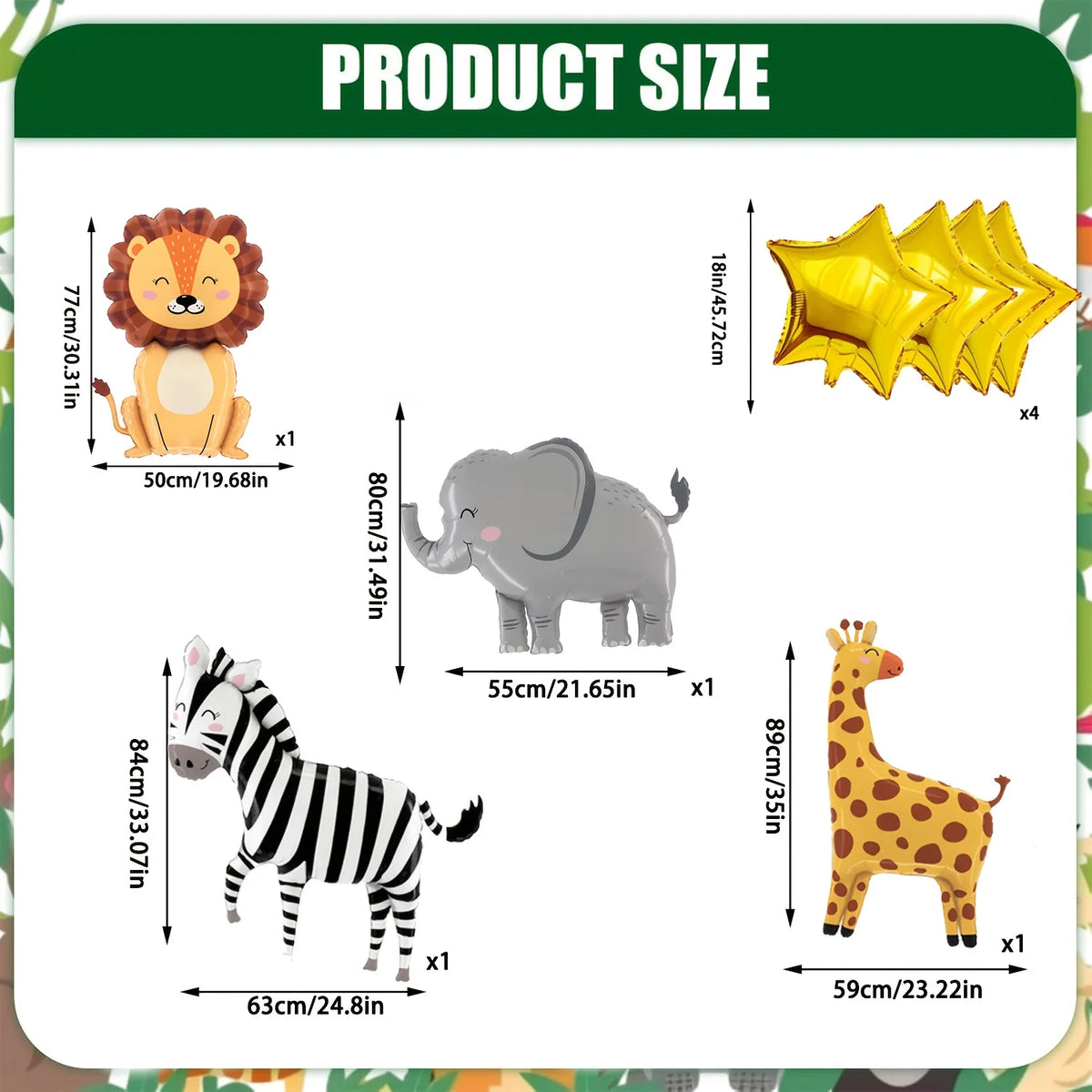 A set of eight foil balloons shaped like various jungle safari animals including a lion, elephant, zebra, and giraffe.