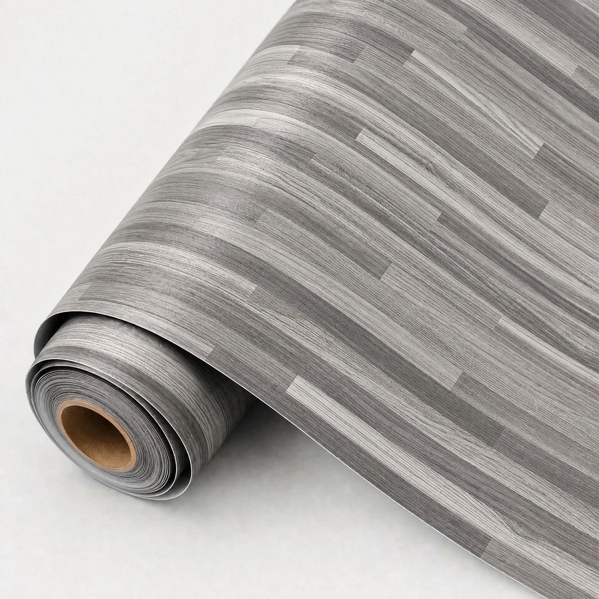 Roll of realistic wood grain floor stickers in gray and white stripes