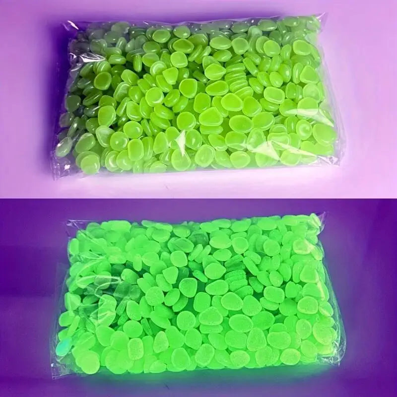 A clear plastic bag filled with bright neon green glow-in-the-dark luminous pebbles.