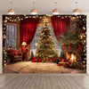 Festive Christmas tree and fireplace backdrop banner featuring a decorated tree, red curtains, and a stone fireplace.