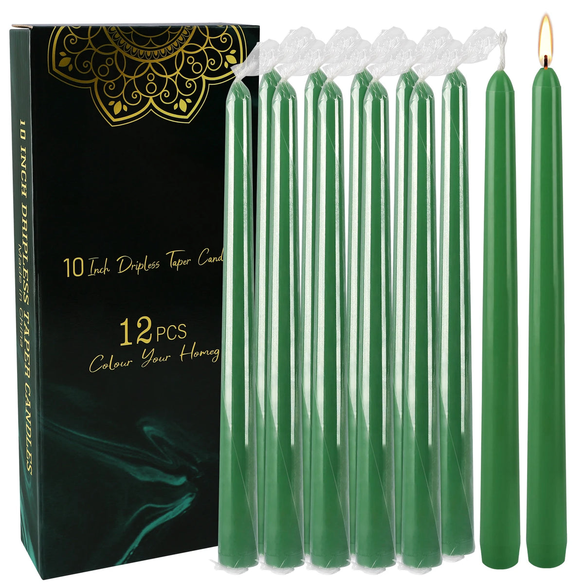 A box of 12 pack of 10 inch drip-less taper candles in a dark green color.