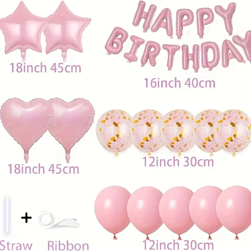 Pink marble birthday balloon decoration set including a banner and straws with ribbon