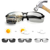 A pair of photochromic polarized driving sunglasses with an alloy frame shown in various states.