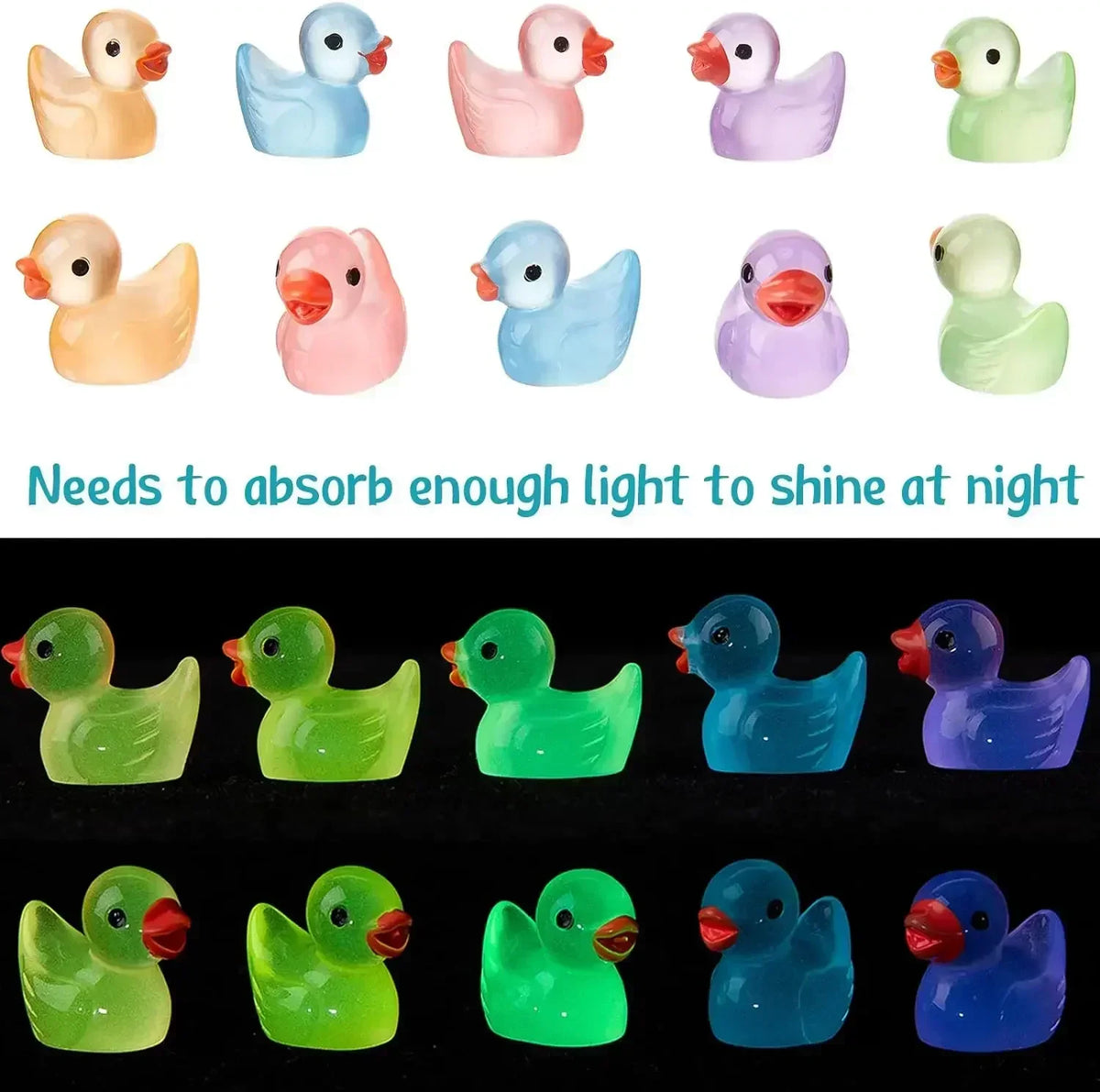 A collection of luminous mini duck figurines in various pastel and bright colors.