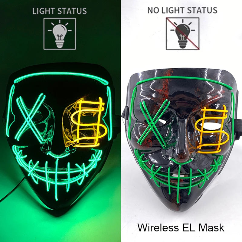 A black EL mask with neon wire details, showing both light status and no light status options.