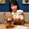 A woman holds a white teddy bear plush toy with a red rose, set against a blue background.