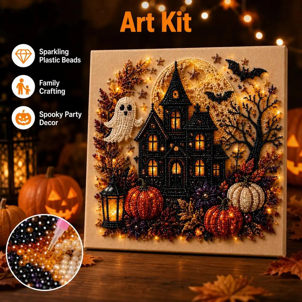 An art kit featuring a diamond painting of a spooky Halloween castle with spiders and pumpkins on a canvas.