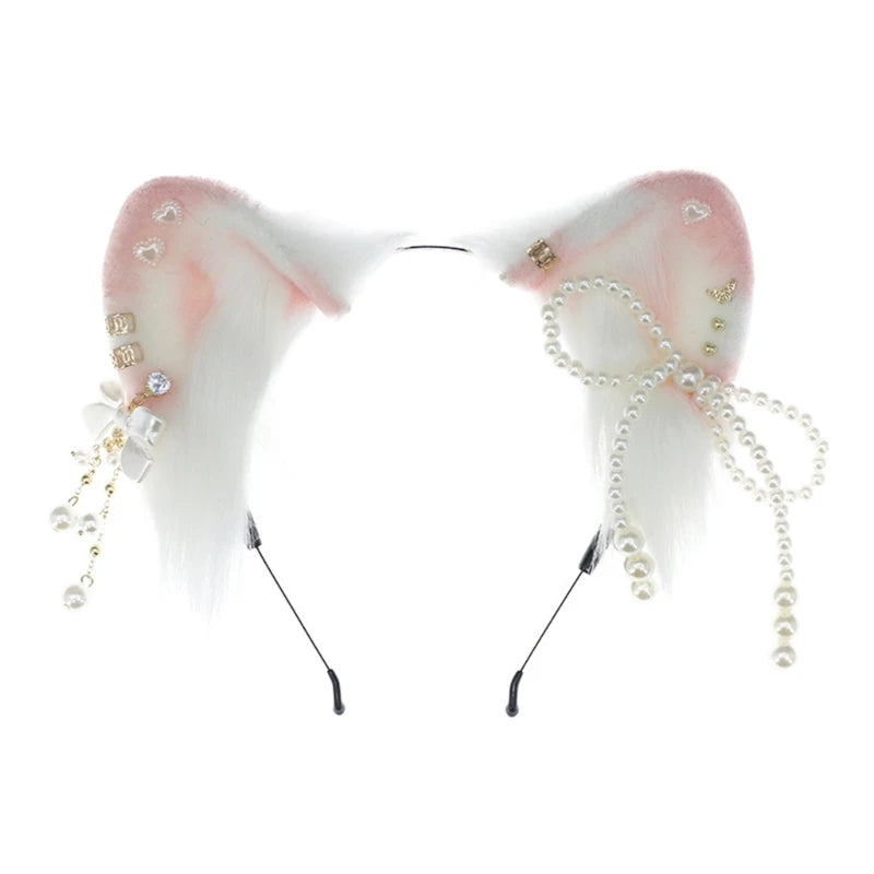 White and pink faux fox ears headband with pearl and gold accents for cosplay