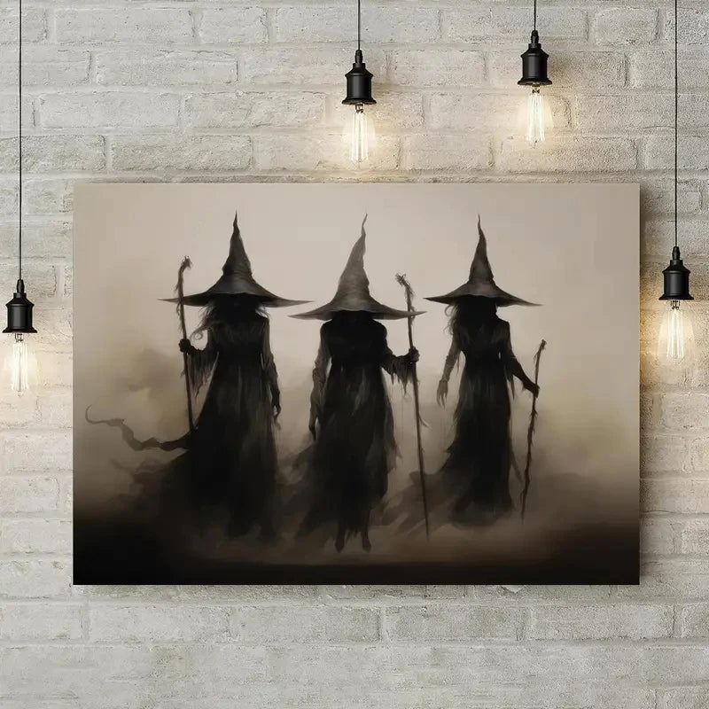 Dark gothic wall art featuring three shadowy witches with pointed hats and staffs against a misty background