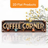 Vintage Metallwandtafel mit goldener Schrift „The Coffee Corner“ vor dunklem Hintergrund