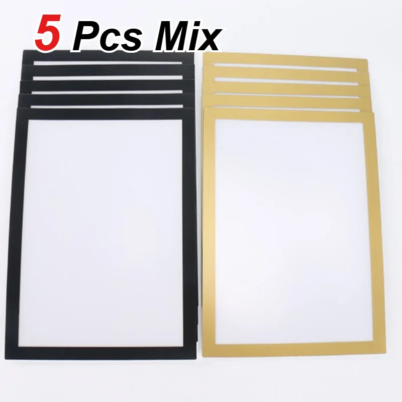 A set of five magnetic self-adhesive photo frames, featuring black and gold color options.