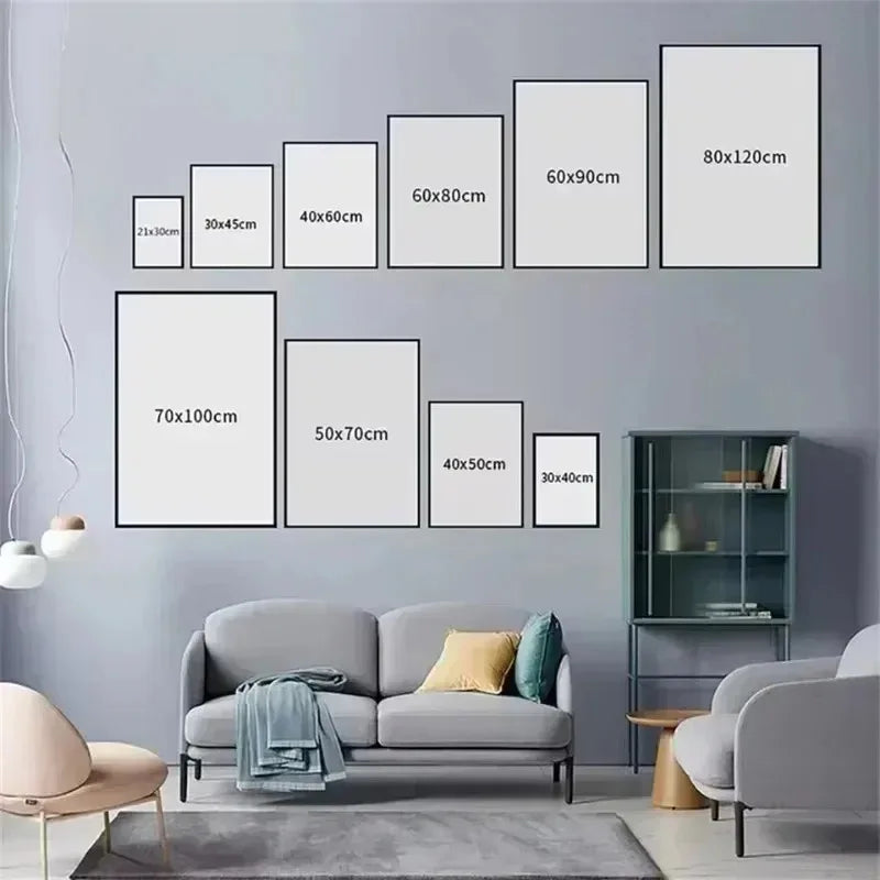 A modern scripture wall art set featuring a grid of framed prints in various sizes displayed on a gray wall.