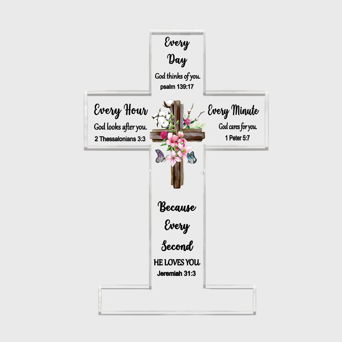Acrylic cross with various Bible verses engraved on the arms for inspirational Christian desk decor
